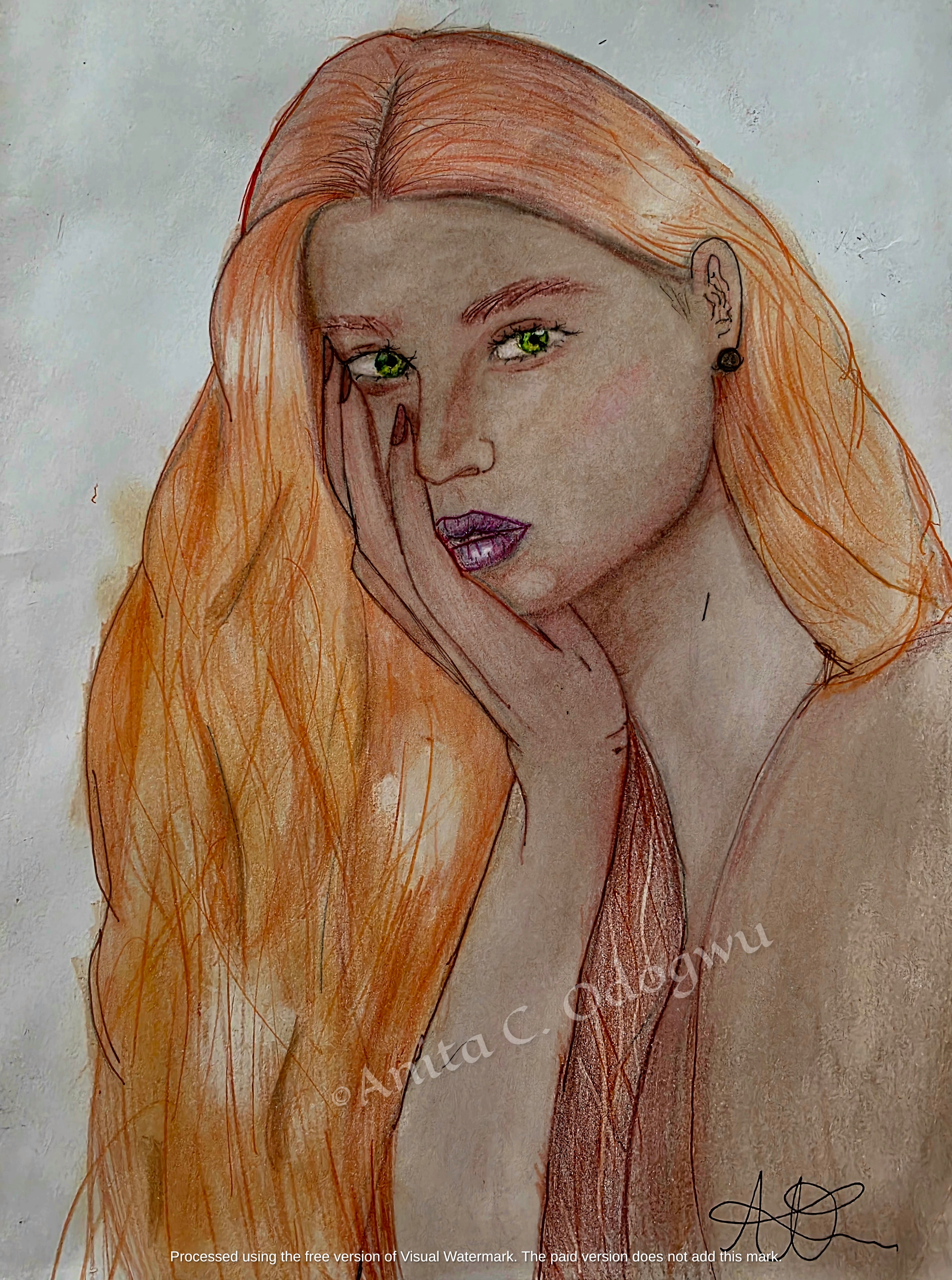 Realistic ginger woman portrait drawing with green eyes colored pencil skin layering study